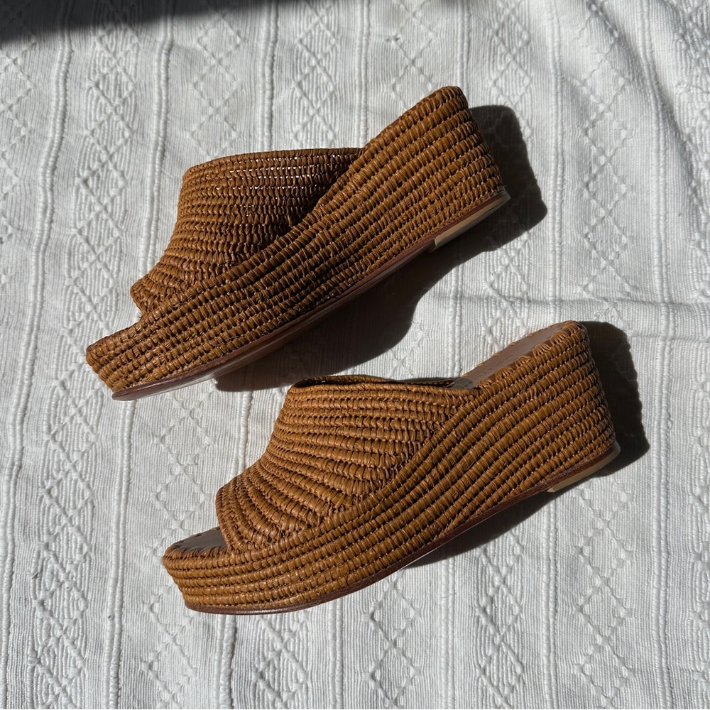 Anthropologie Tan Woven Platform Wedge Slides